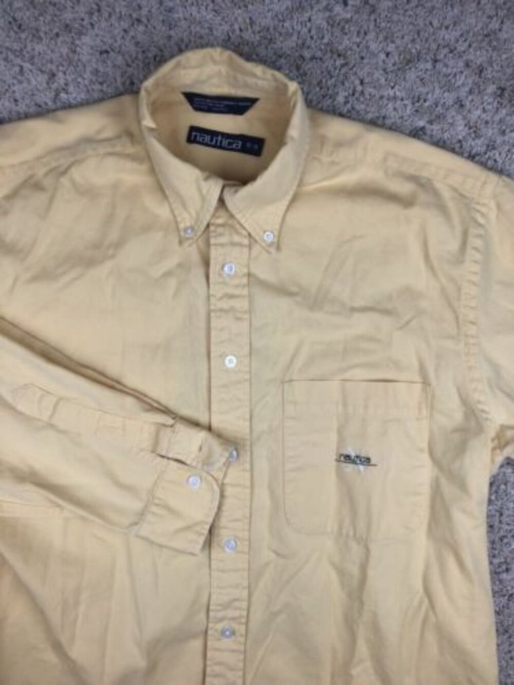 VINTAGE Nautica Men’s Shirt Medium Button Up Long Sleeve Oxford Yellow Spellout
